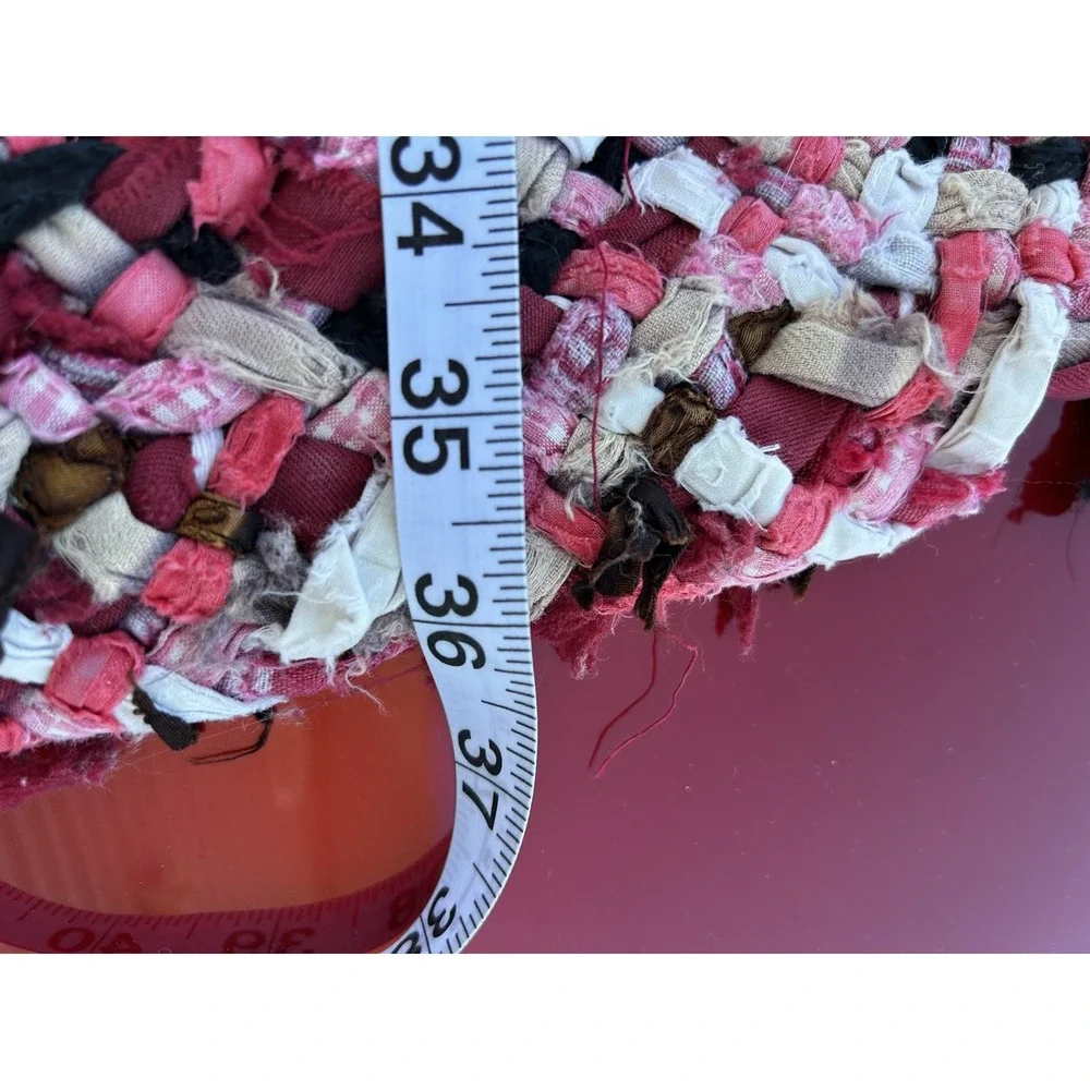 Handmade Braided Rag Rug 36x27 Red Pink Beige Black Farmhouse Cottage Decor